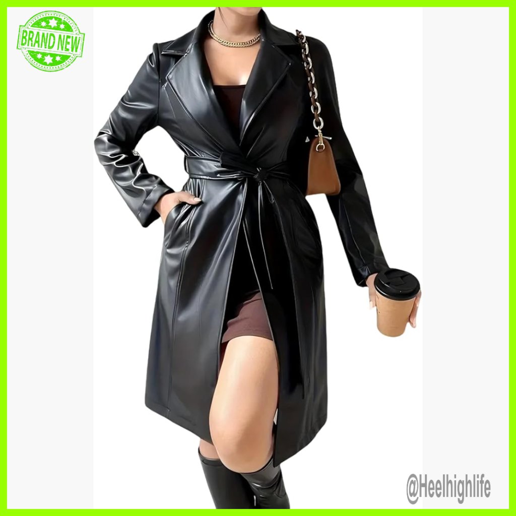 Long Sleeve Leather Trench Coat With Removable Belt, Straight Fit